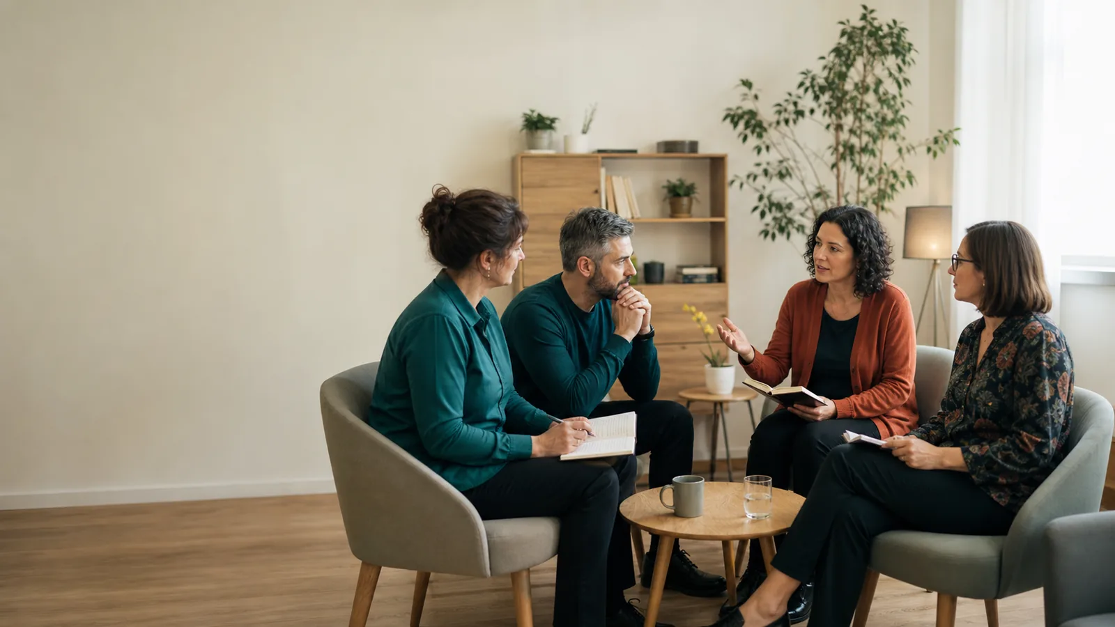 Patru profesioniști adulți discută într-o sesiune de supervizare în asistență socială